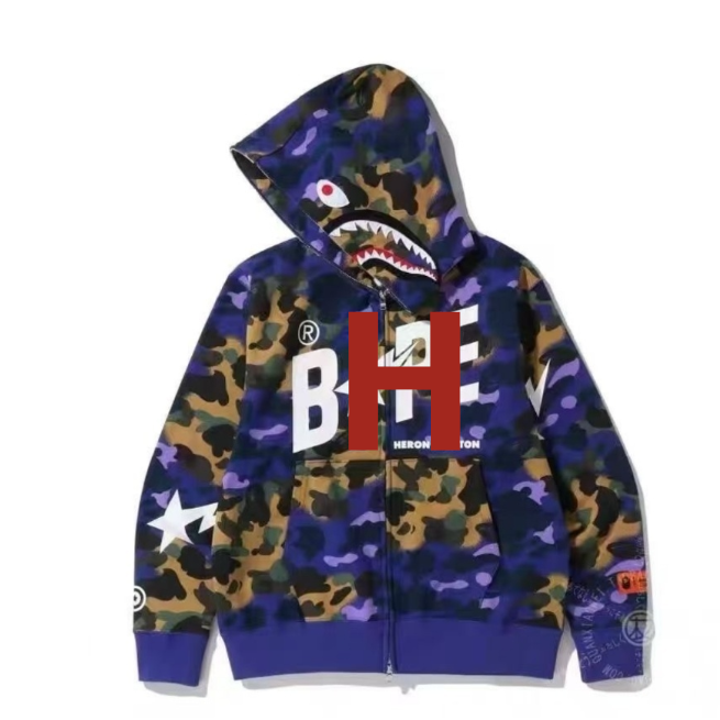 bape x heron preston mix 1st camo shark relaxed fit full zip hoodie(purple)丨oem customized